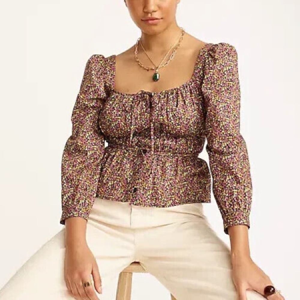 J. Crew Floral Purple and Green Ruched Tie Front Blouse, NWOT, Never Worn